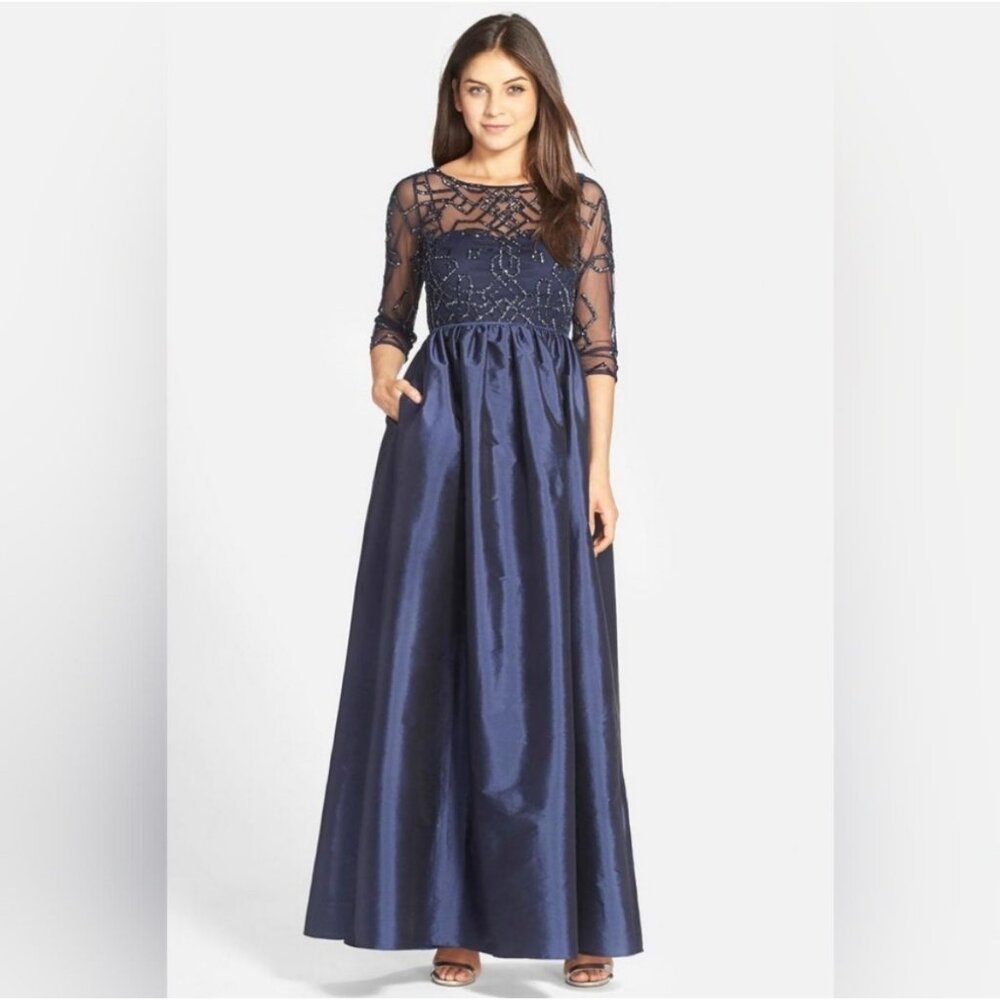 NWT Adrianna Papell Illusion Taffeta Navy Beaded Mesh Gown